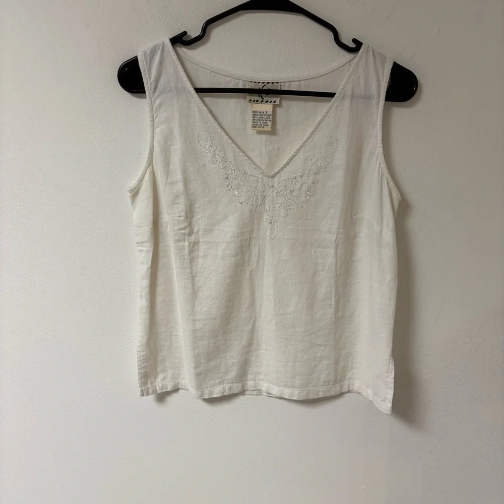 White Embroidered Womens Linen Tank Top Small - Picture 5 of 11